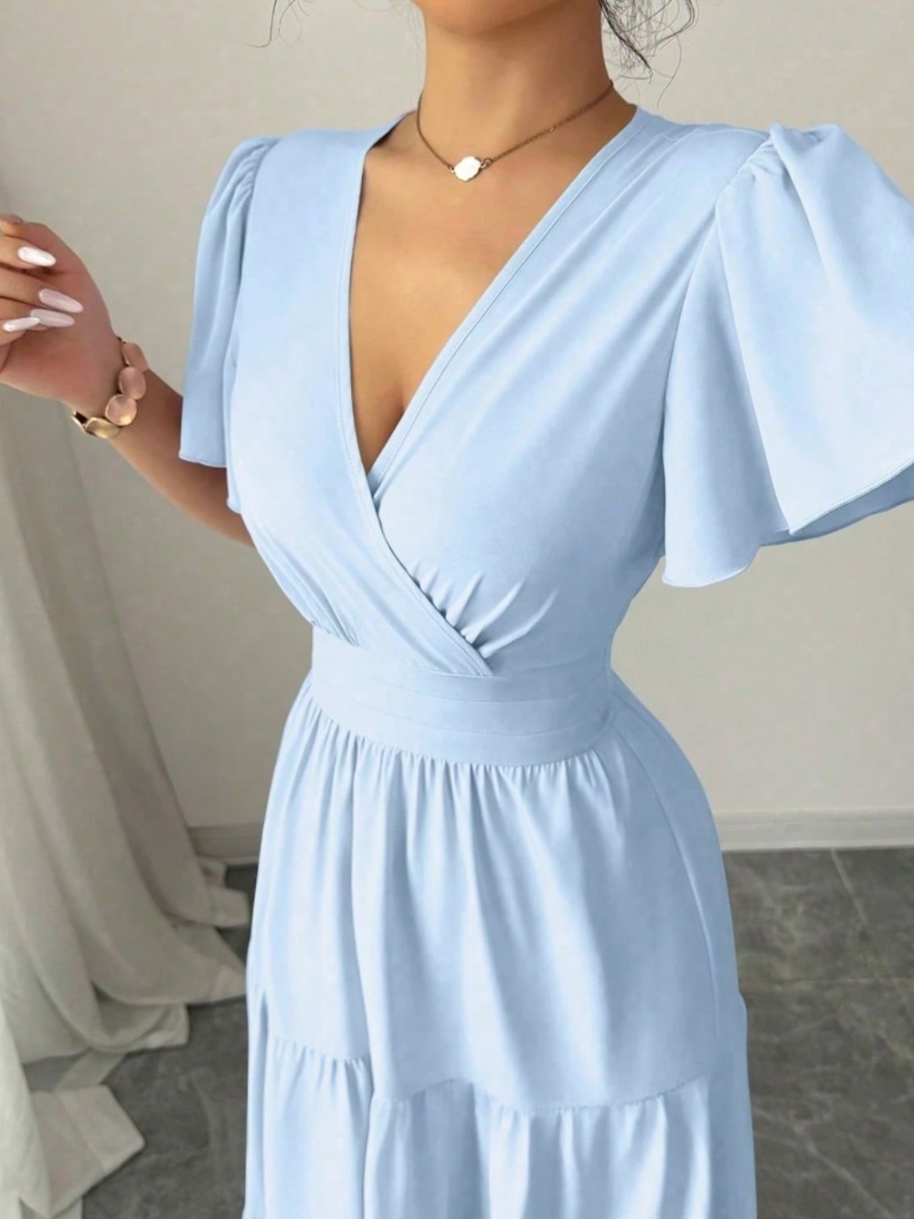 Classic V neck Solid Flounce Sleeve High Waisted Maxi Dress - Picture 5 of 13